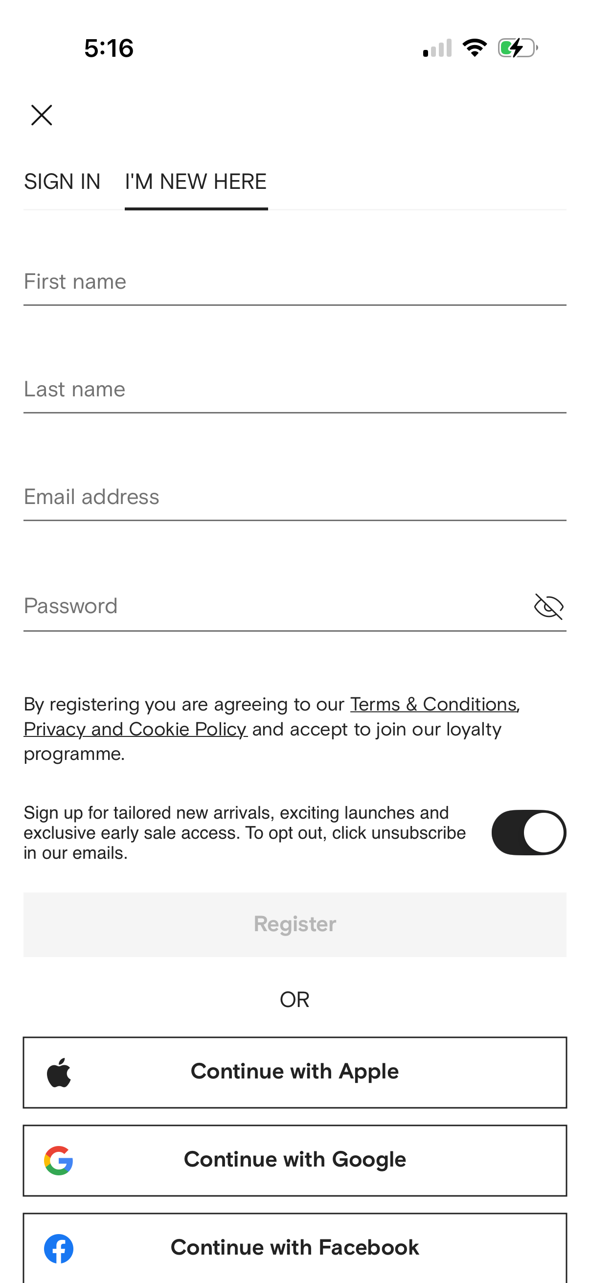 farfetch signup screenshot